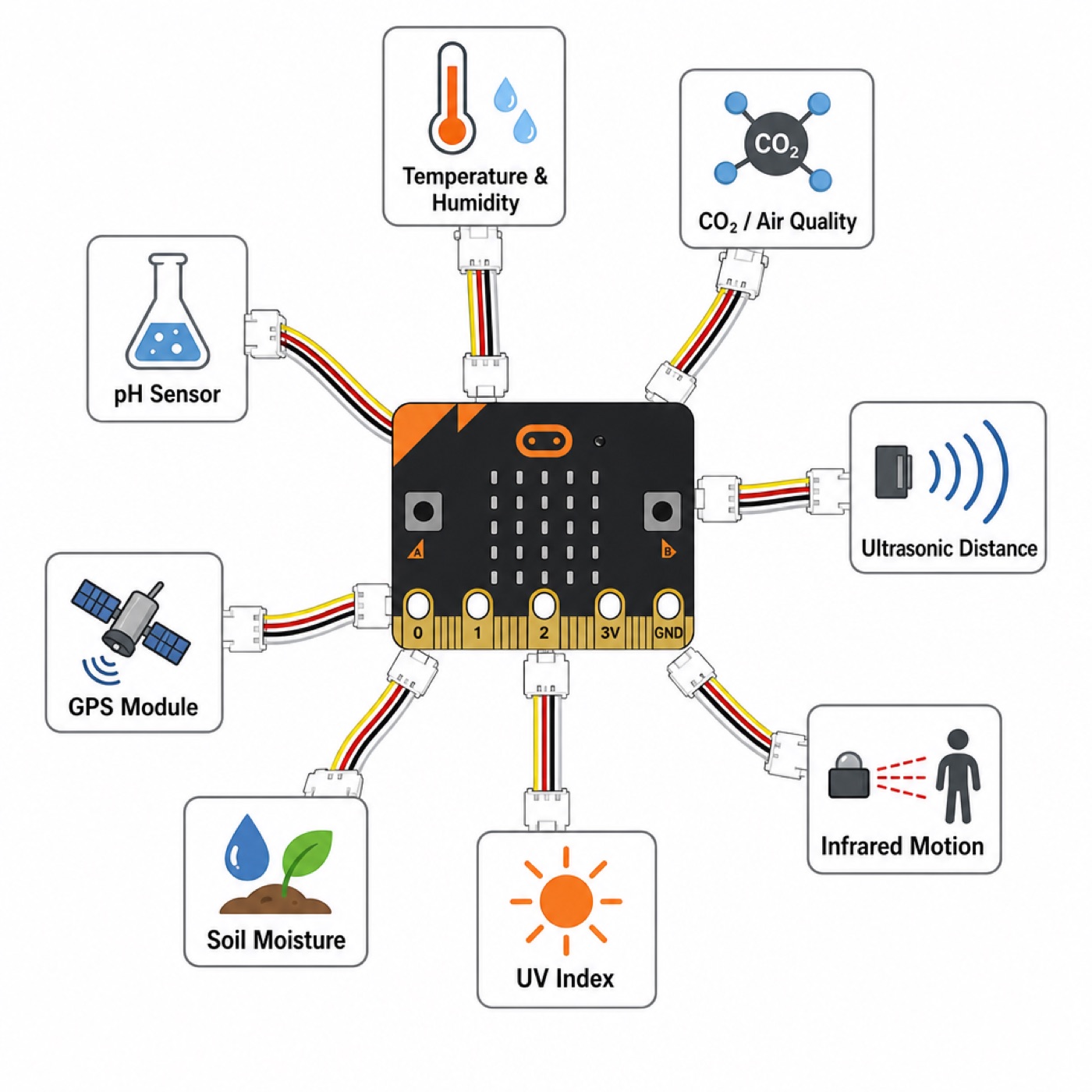micro:bit + Nezha: 8 tipuri de senzori Grove — schemă de conectivitate