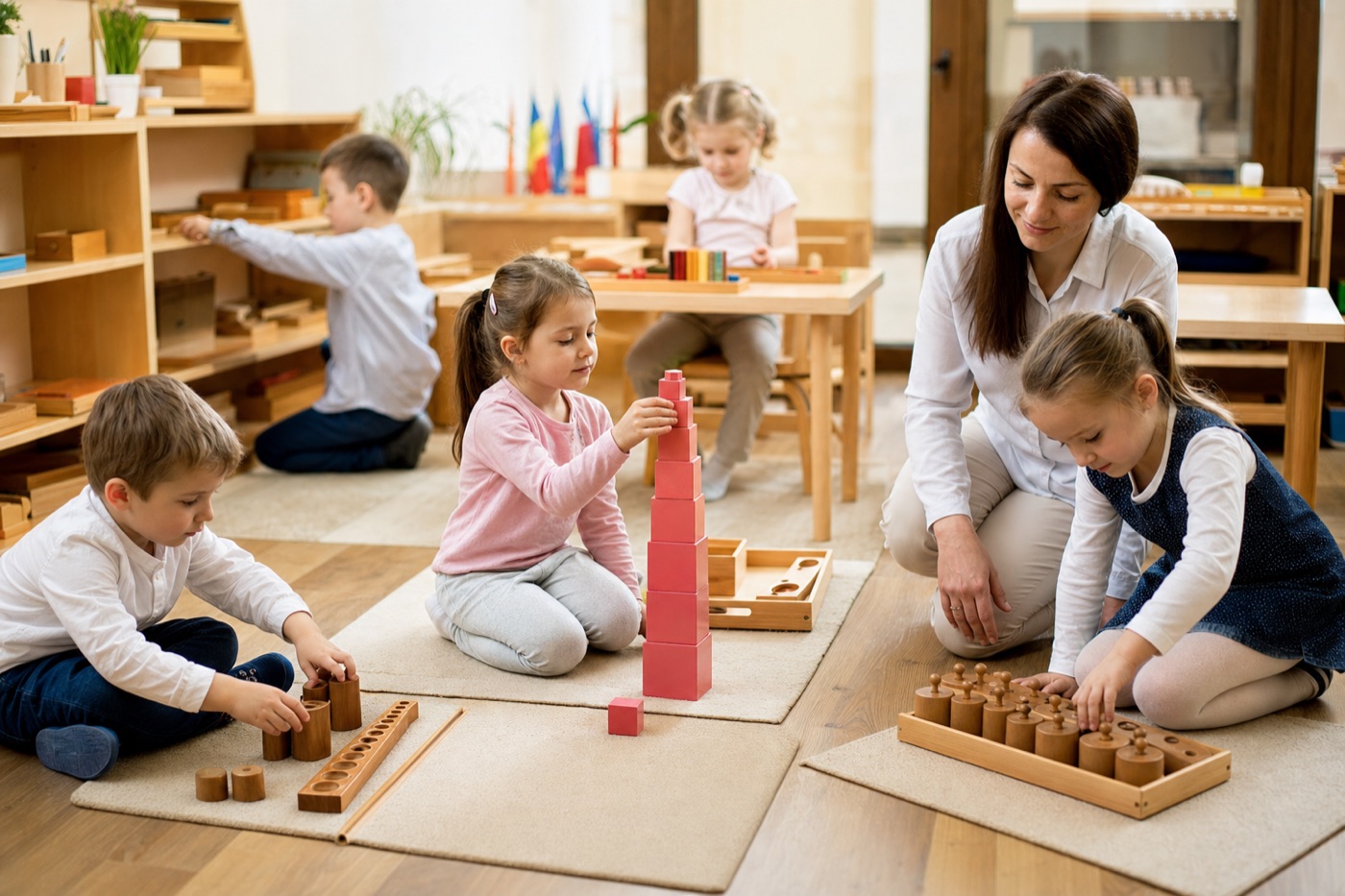 Copii lucrând cu materiale Montessori în grădiniță