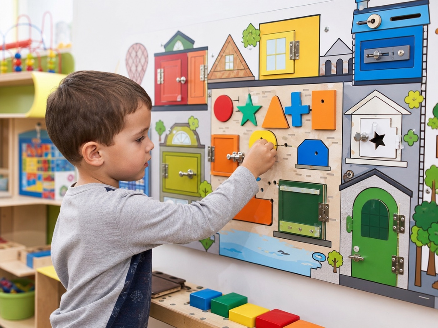 Copil lucrând cu un panou manipulativ constructiv