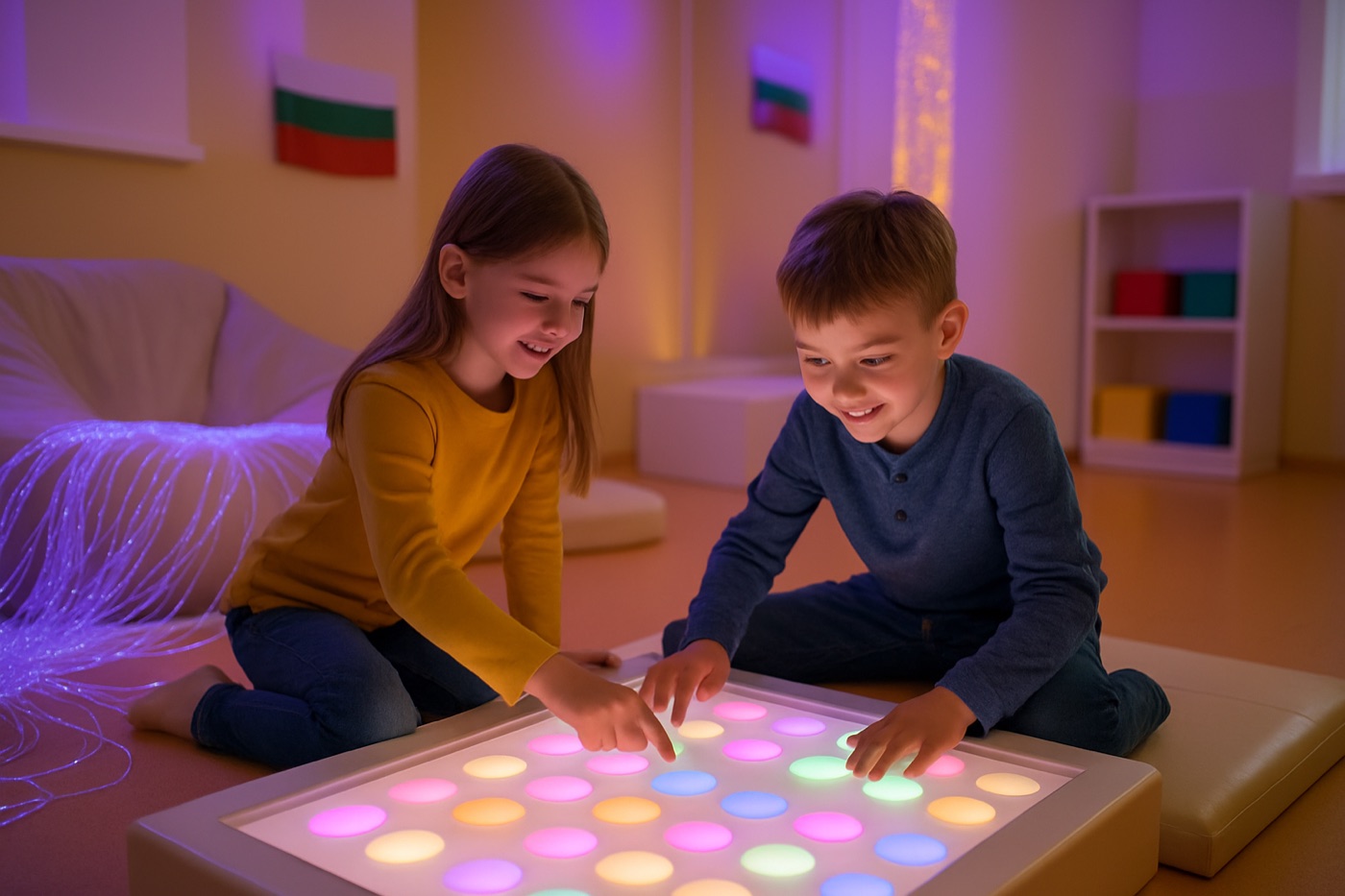 Copii într-o cameră senzorială cu panouri luminoase