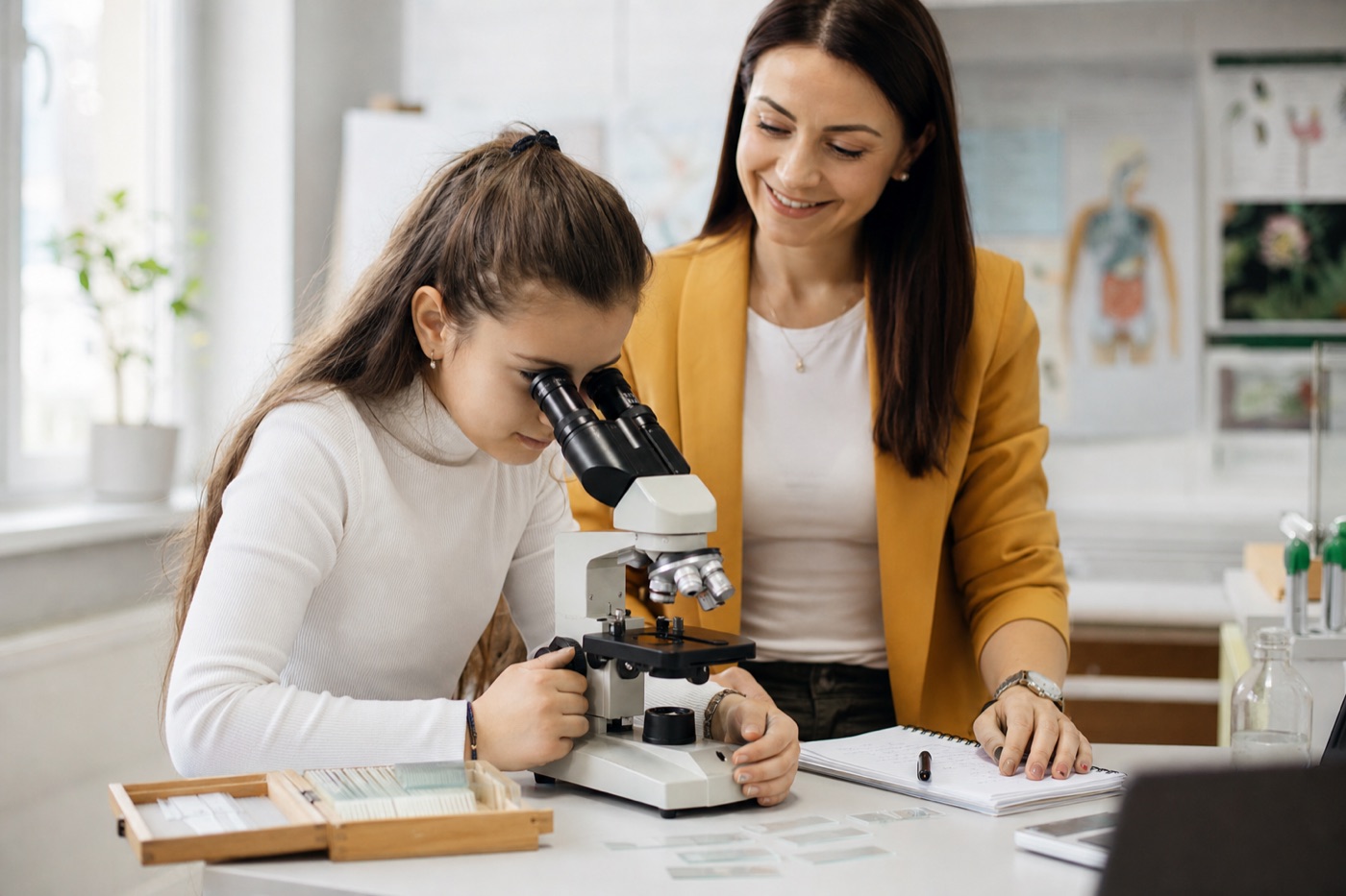 Elevă lucrând cu microscopul într-un laborator școlar