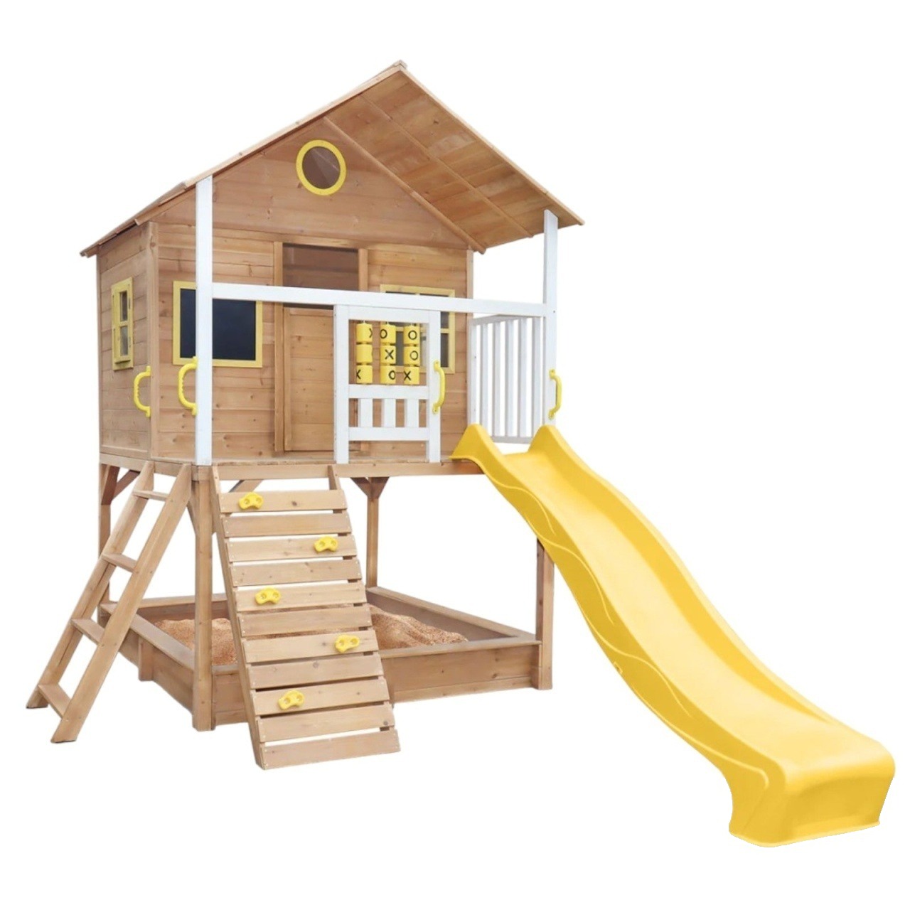 Căsuță mare pentru copii (3+ ani) – cu groapă de nisip și tobogan, pentru joacă în aer liber, din lemn natural, 258×271,5×291 cm