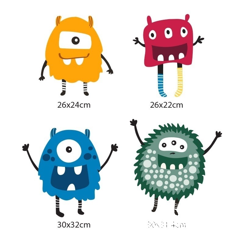 Set 4 stickere monster pentru decorarea camerei copiilor (3+ ani), pereți, ferestre, mobilier