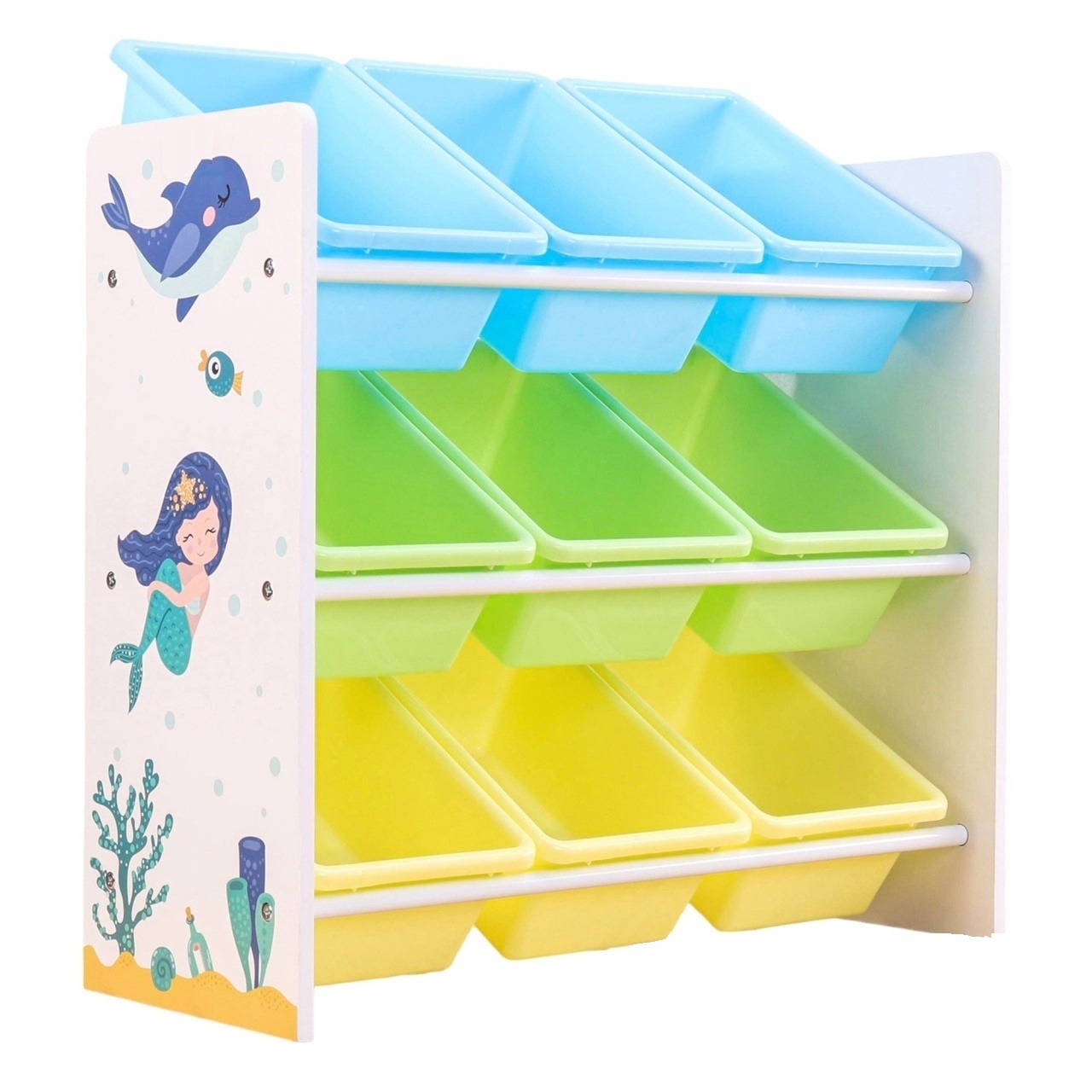 Organizator pentru jucării cu 9 containere din plastic – motiv „Sirenă și delfin