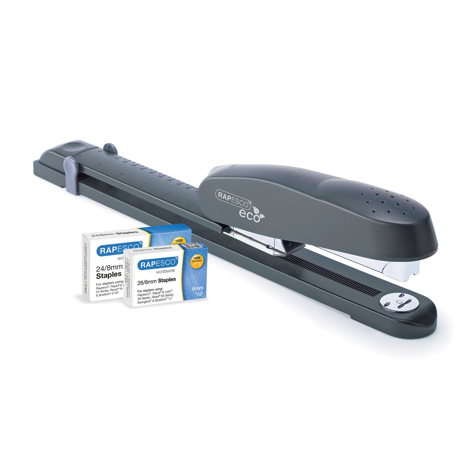 Rapesco Capsator Eco cu braț lung, 24/6 sau 24/8, pentru 50 de coli, negru