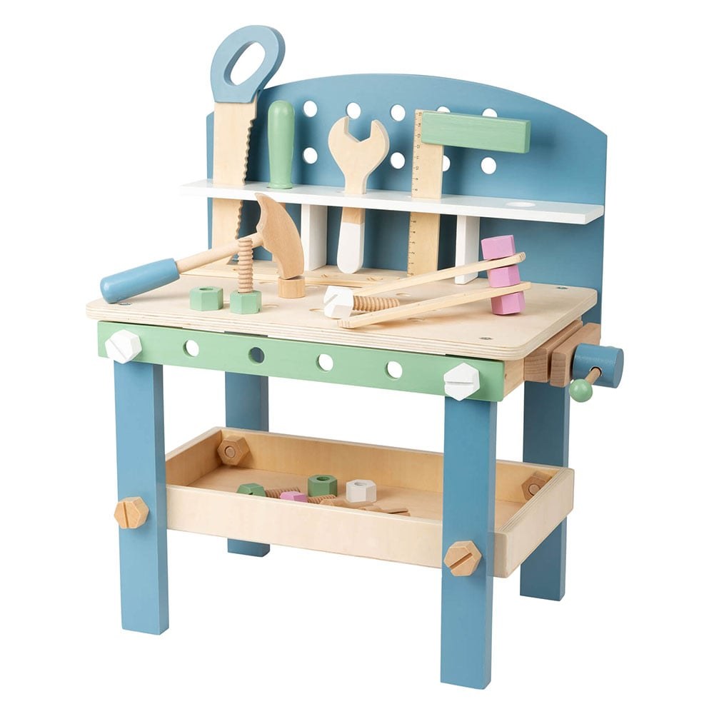 Small Foot Atelier de lucru cu unelte din lemn, pentru copii, 40 x 26 x 49 cm, 21 piese