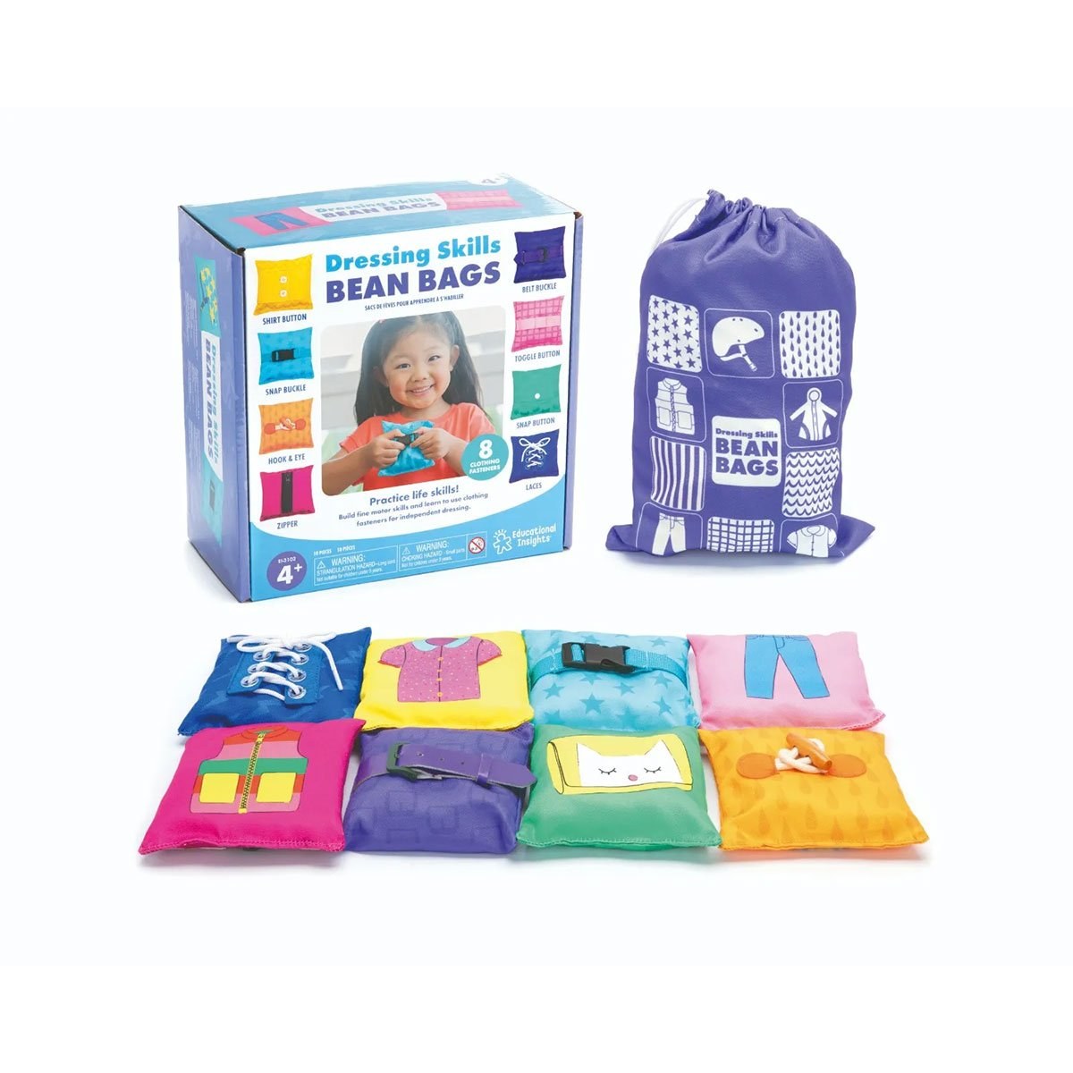 Learning Resources Set pungi senzoriale cu diverse închideri, 8 bucăți, 10x10 cm