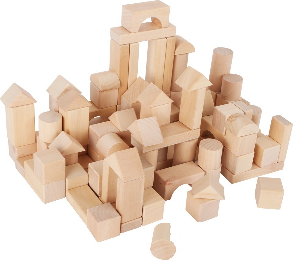 Kit de constructie din lemn natural 100 piese, in punga
