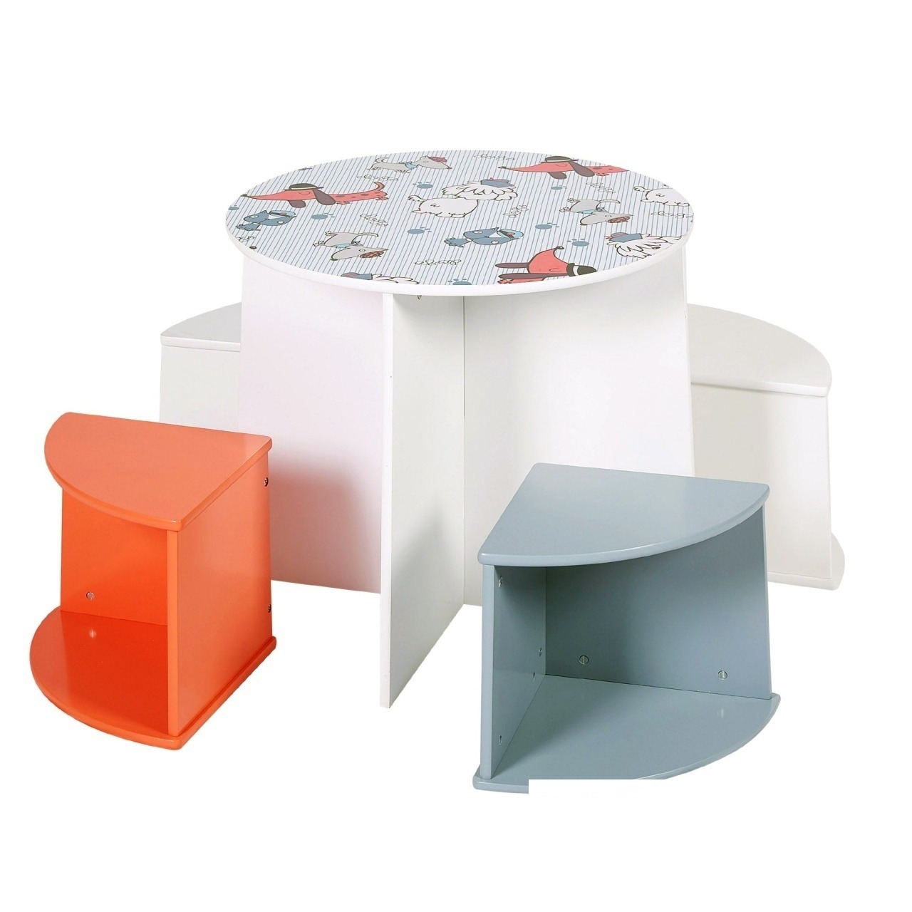 Masă rotundă din lemn cu 4 scaune stabile, set compact cu design pentru copii - dogs