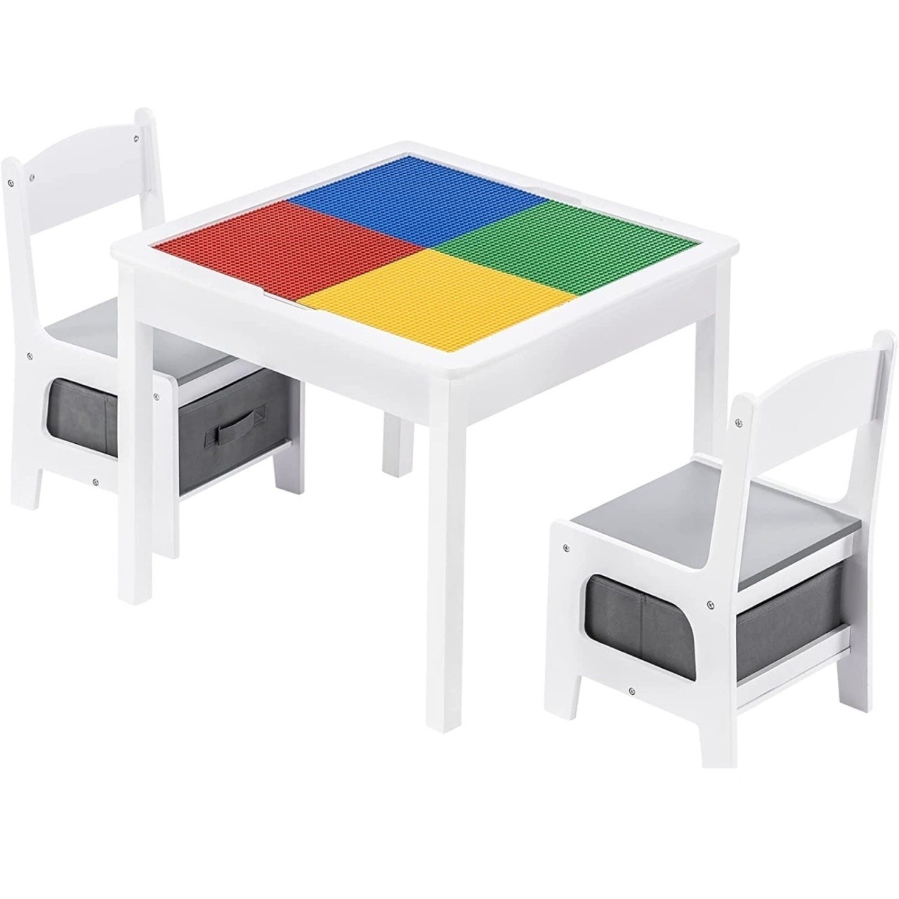 Măsuță pentru copii cu 2 scăunele (confortabile și stabile), dublă față, set din lemn pentru învățare, desen, scriere, asamblare constructori tip LEGO - white/gray