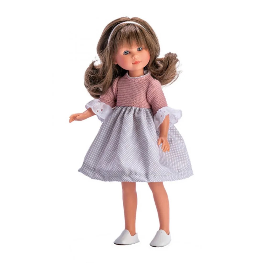 Păpușă Asi Celia - cu rochie în carouri gri-alb și roz, 30 cm