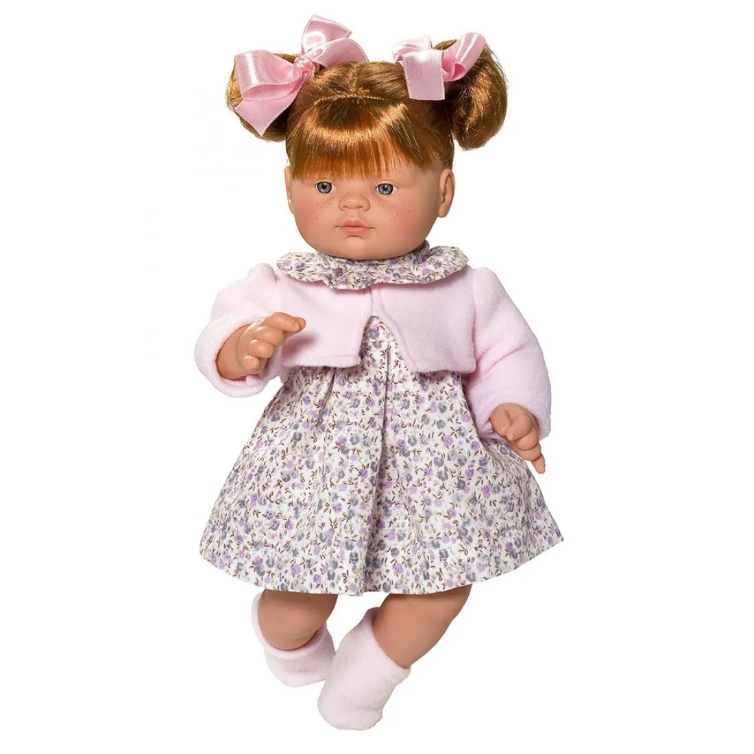 Păpușă Guille Asi - ținută florală și pulover roz, 36 cm