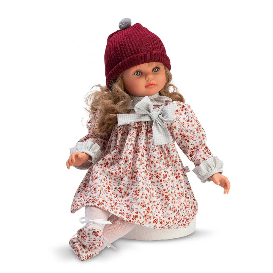 Păpușă Asi Pepa - rochie florală și căciulă bordo, 57 cm