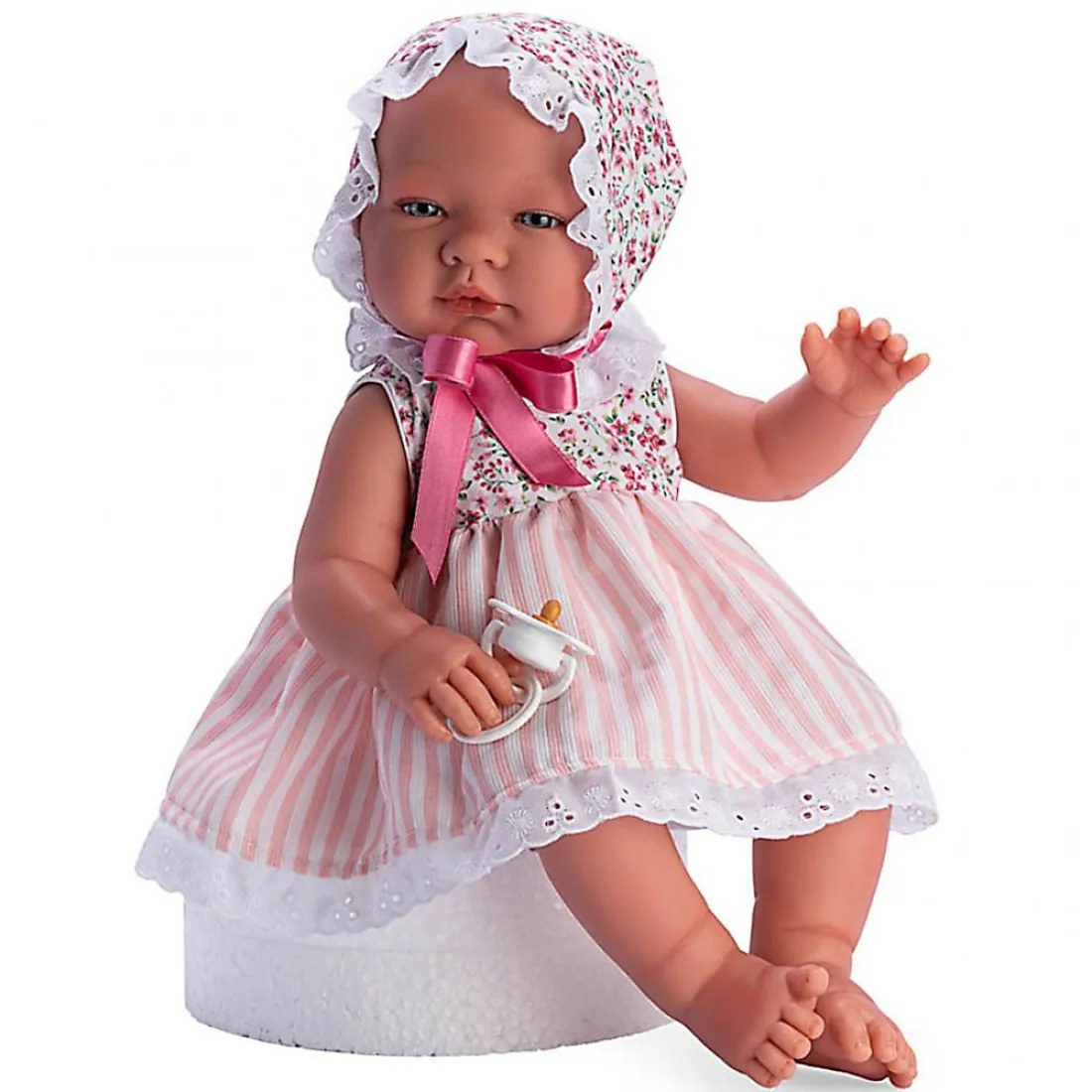 Păpușă-bebe Asi Maria - rochiță de vară și pălărie cu flori, 43 cm