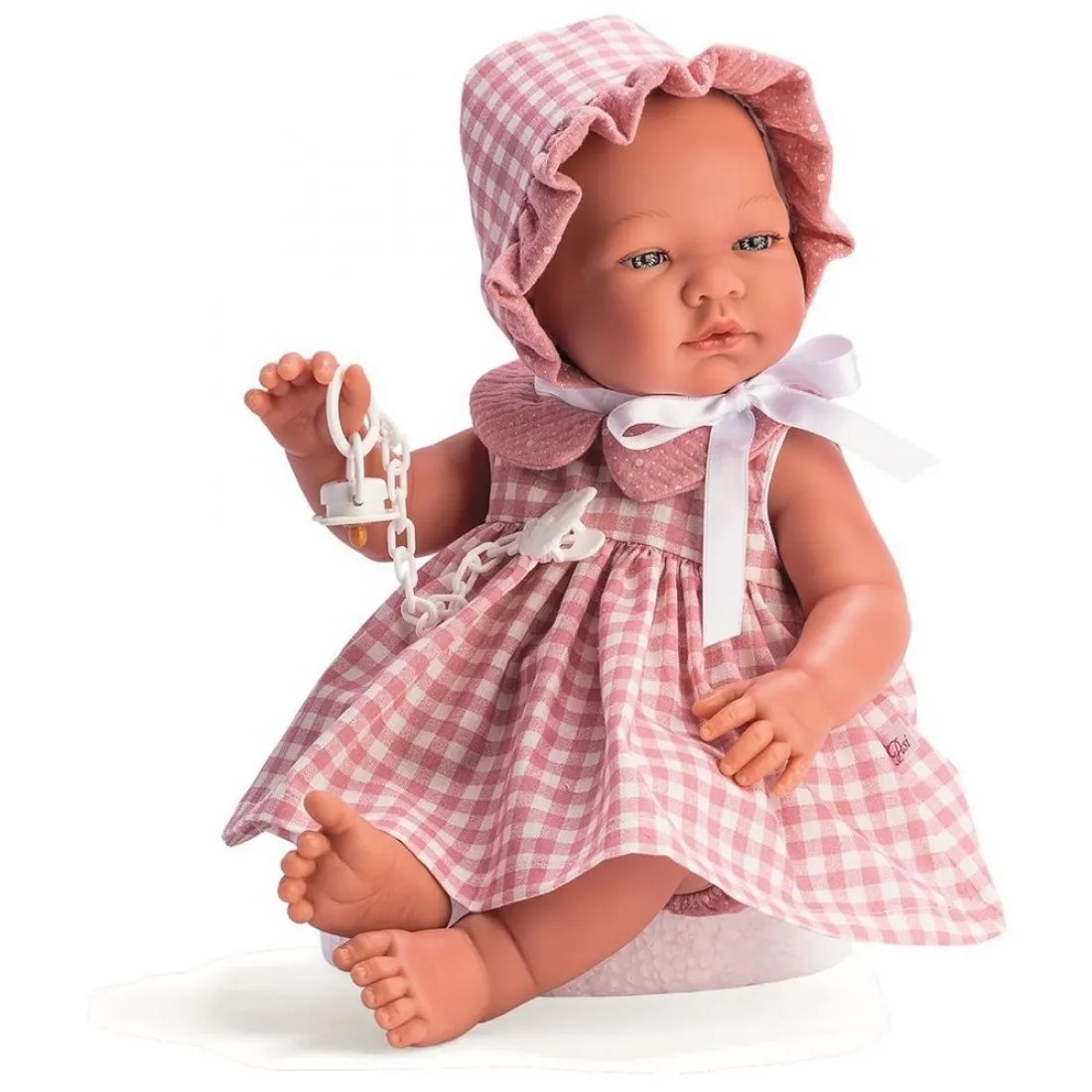 Păpușă-bebe Asi Maria - rochiță roz și pălărie în carouri, 43 cm