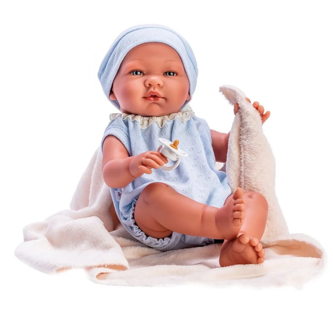 Păpușă bebeluș Pablo Asi - body albastru și păturică bej, 43 cm