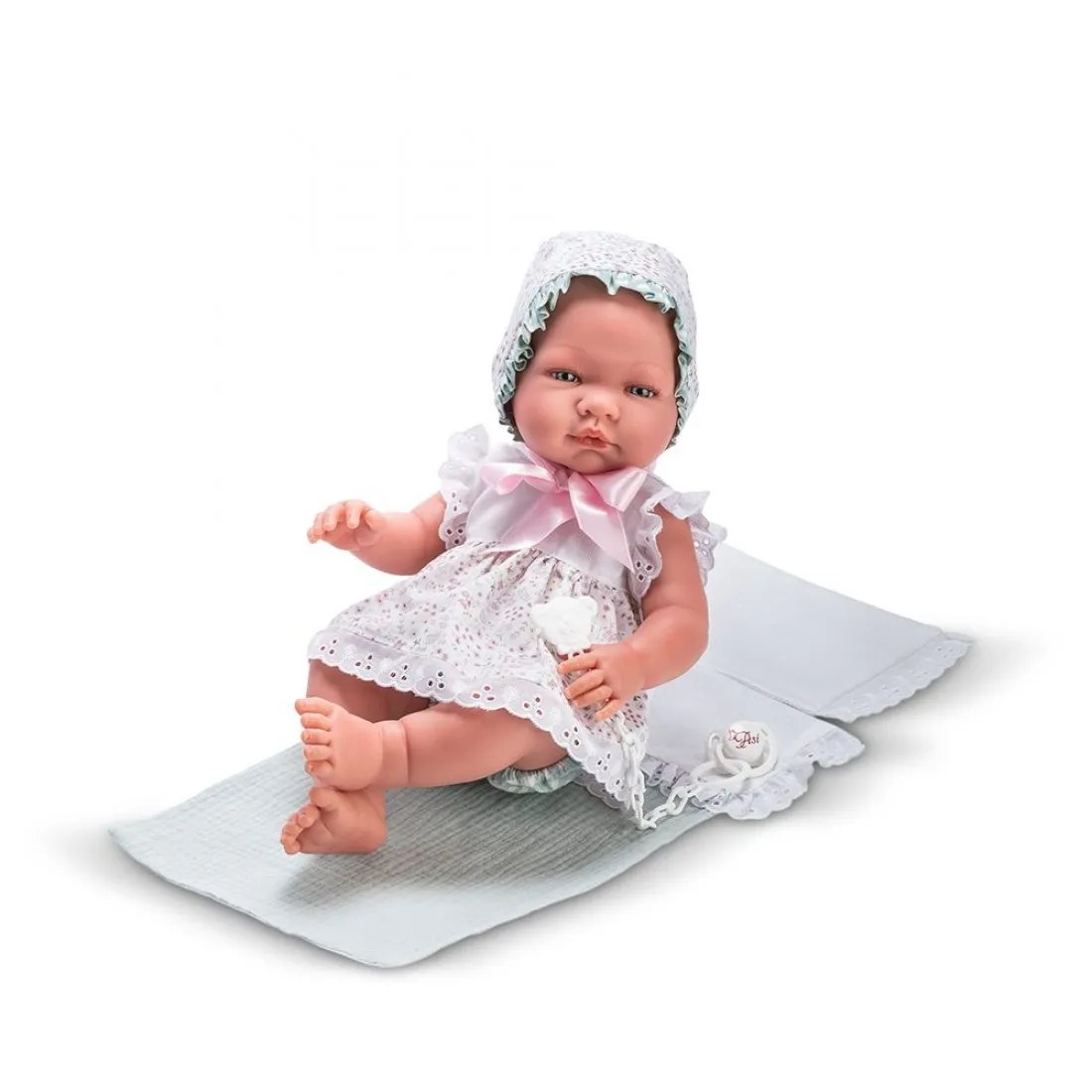 Păpușă-bebe Asi Maria - rochiță, păturică și pernuță, 43 cm