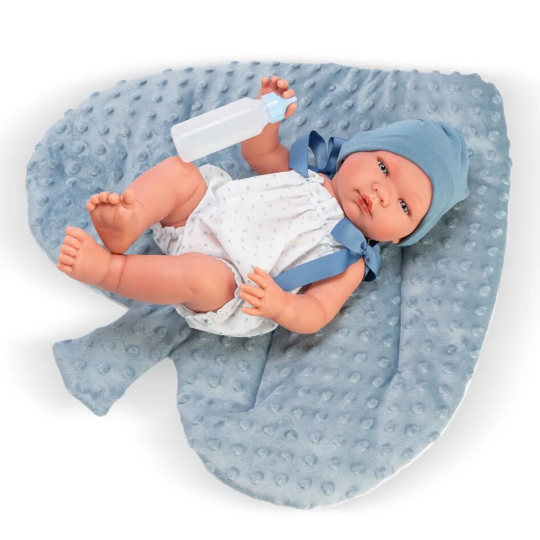 Păpușă-bebe Asi Pablo - pernuță albastră cu frunză, 43 cm