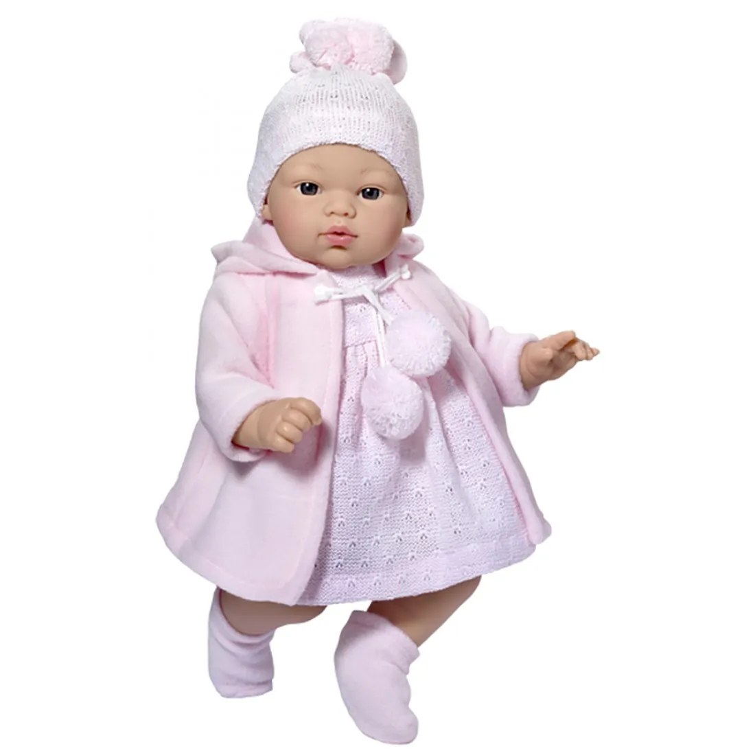 Păpușă bebeluș Coque Asi - rochiță tricotată roz și căciuliță, 36 cm