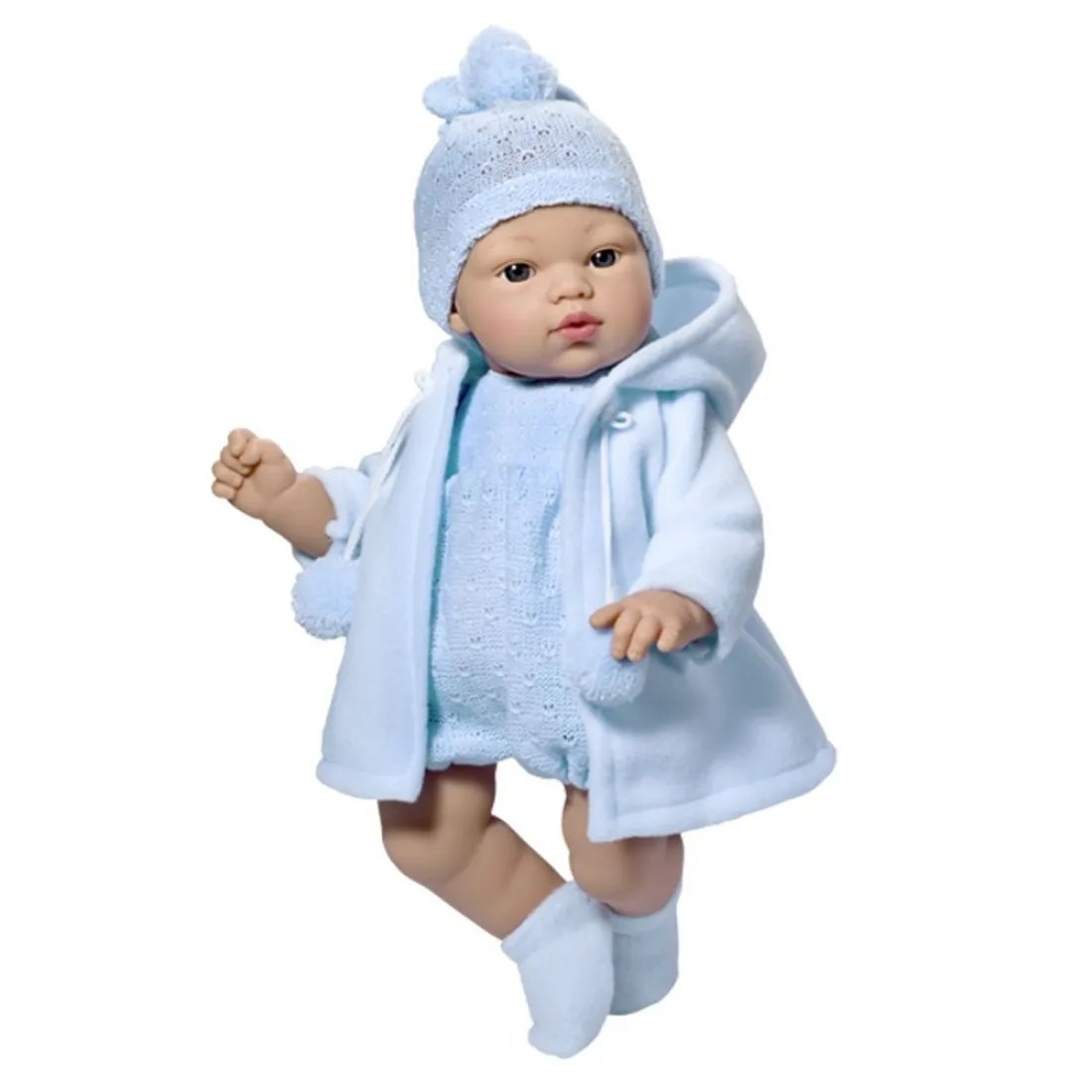 Păpușă-bebe Asi Coque - salopetă albastră și palton, 36 cm