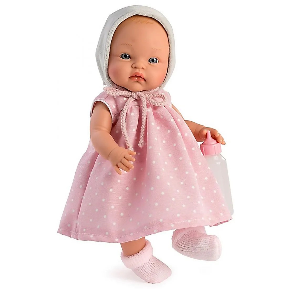 Păpușă bebeluș Alex Asi, rochiță roz cu buline, 36 cm