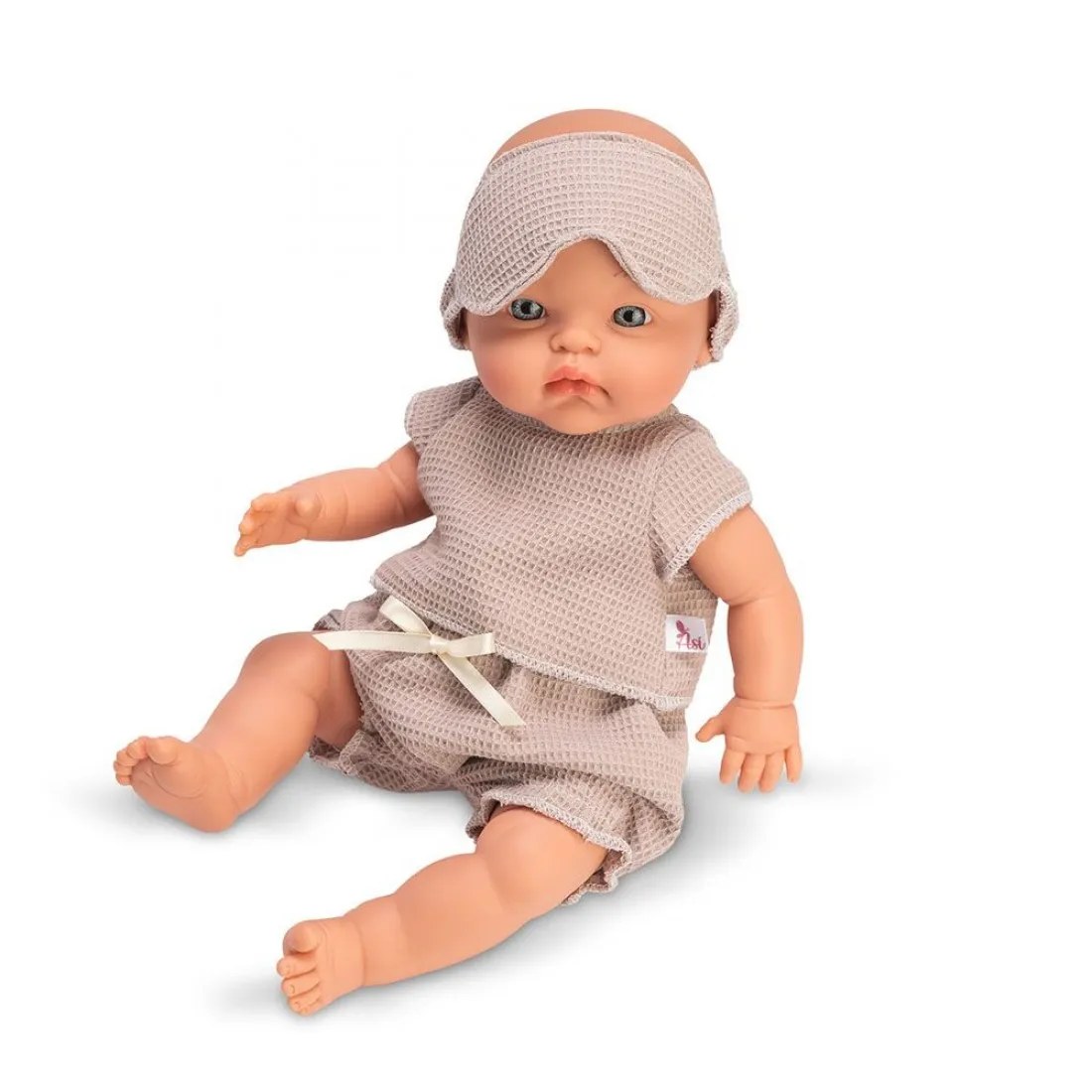 Păpușă bebeluș Alex Asi - ținută bej și mască de somn, 36 cm