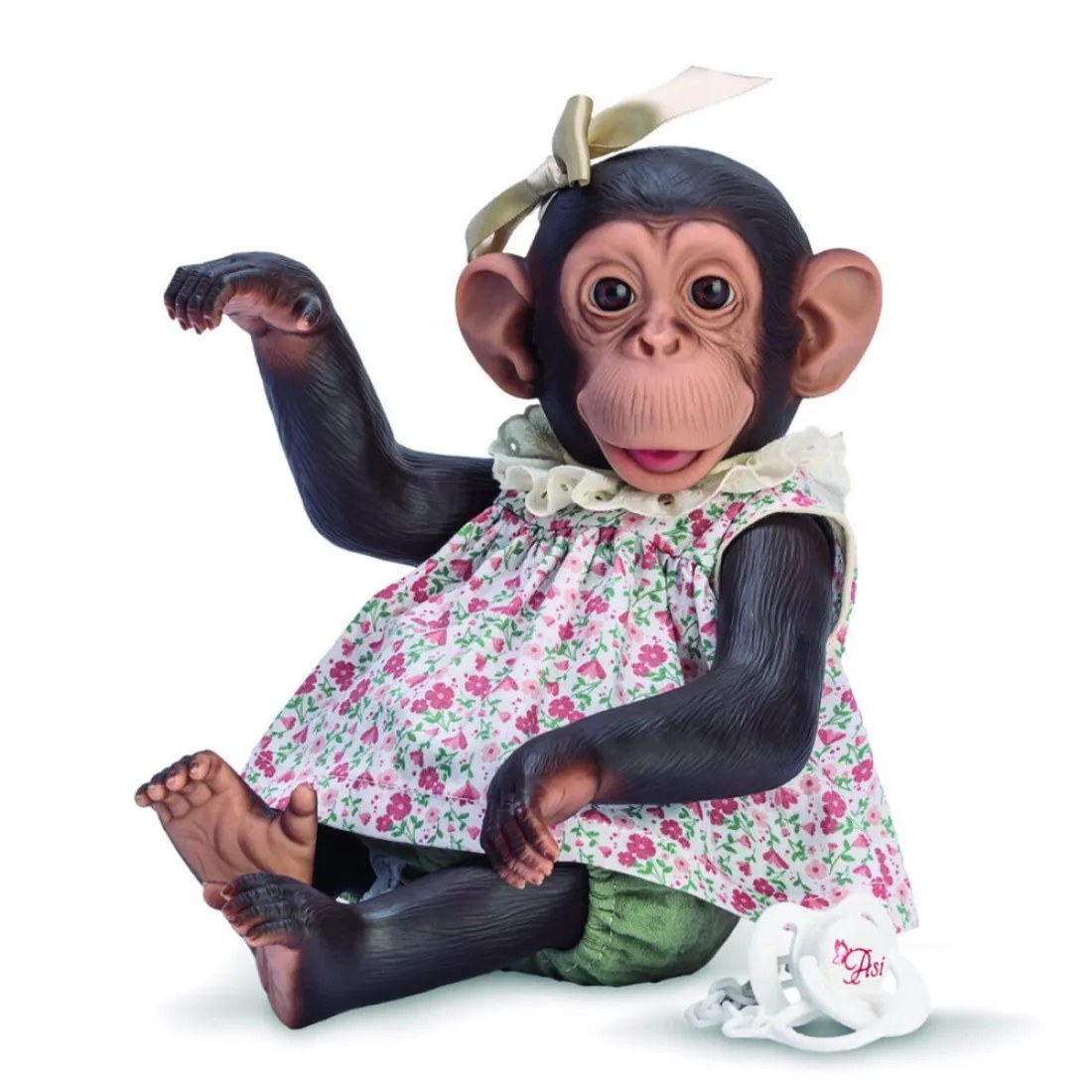 Păpușă Asi - Bebeluș maimuță Lola, rochie cu flori, 32 cm