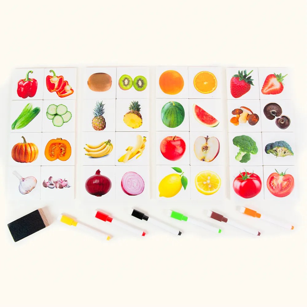 Joc Montessori Andreu Toys - Întreg și jumătate, fructe și legume, 32 piese