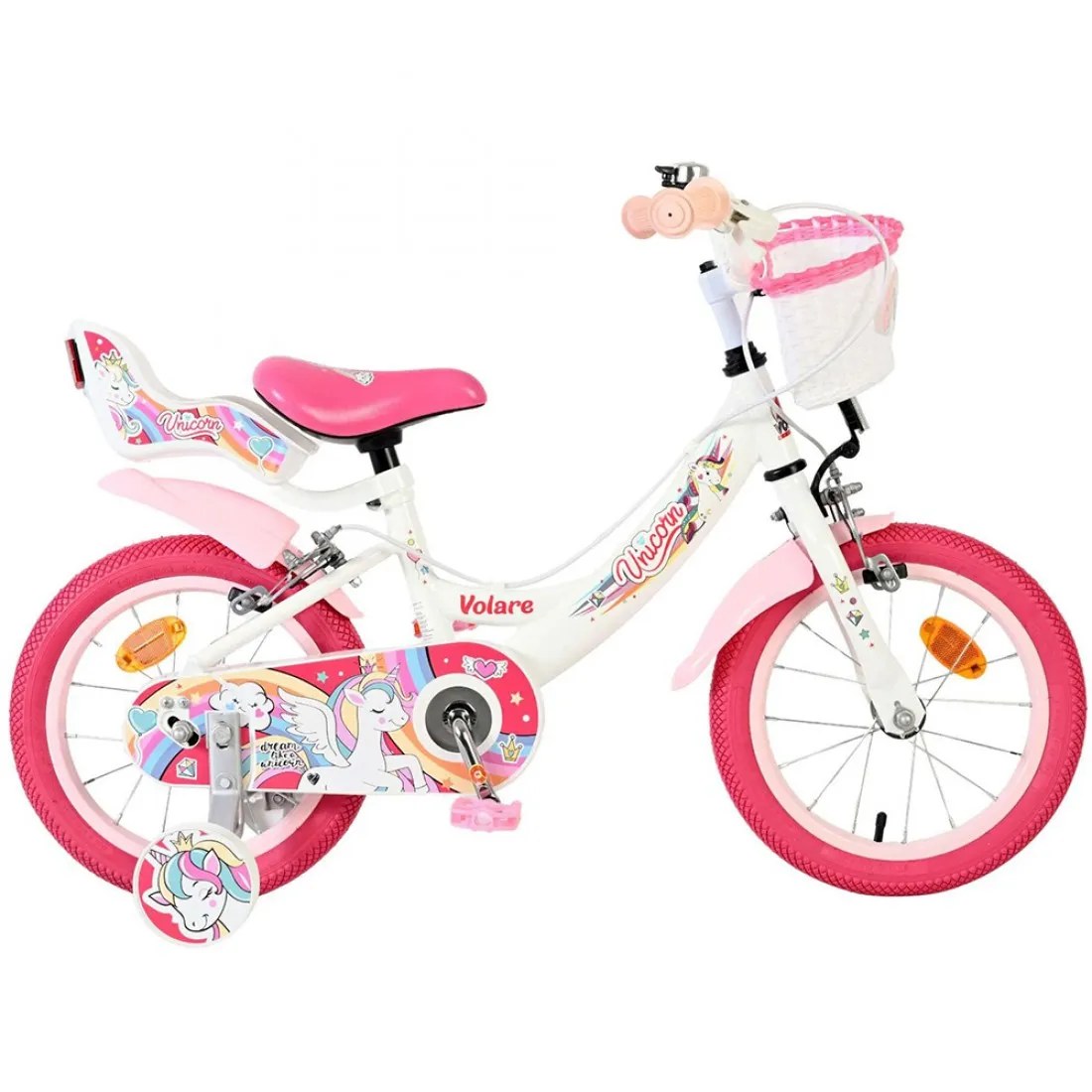 Bicicletă pentru copii cu roți ajutătoare Volare Unicorn, 14 inch, alb