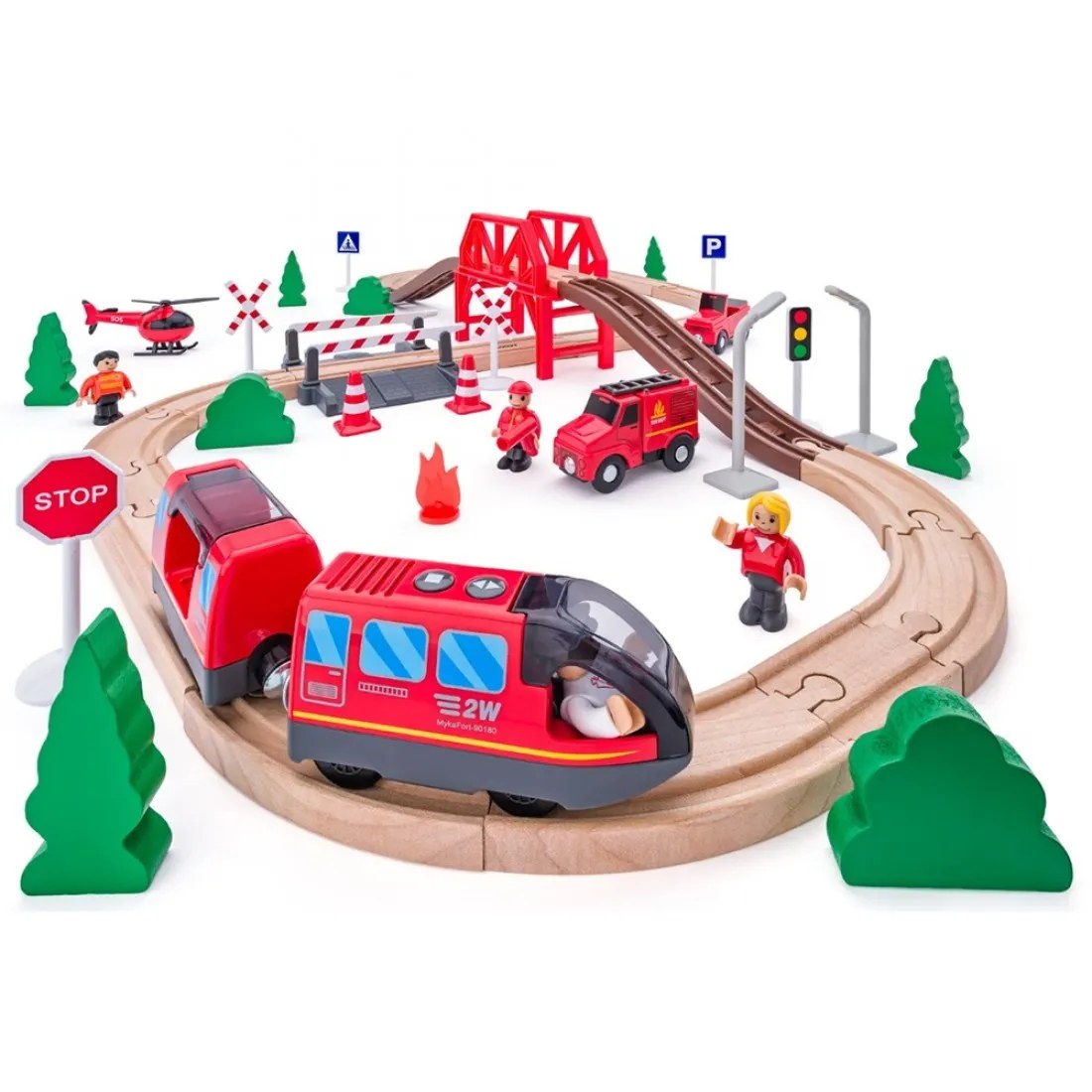 Tren din lemn cu șine Woody - Misiune de salvare cu pompieri, cu baterie