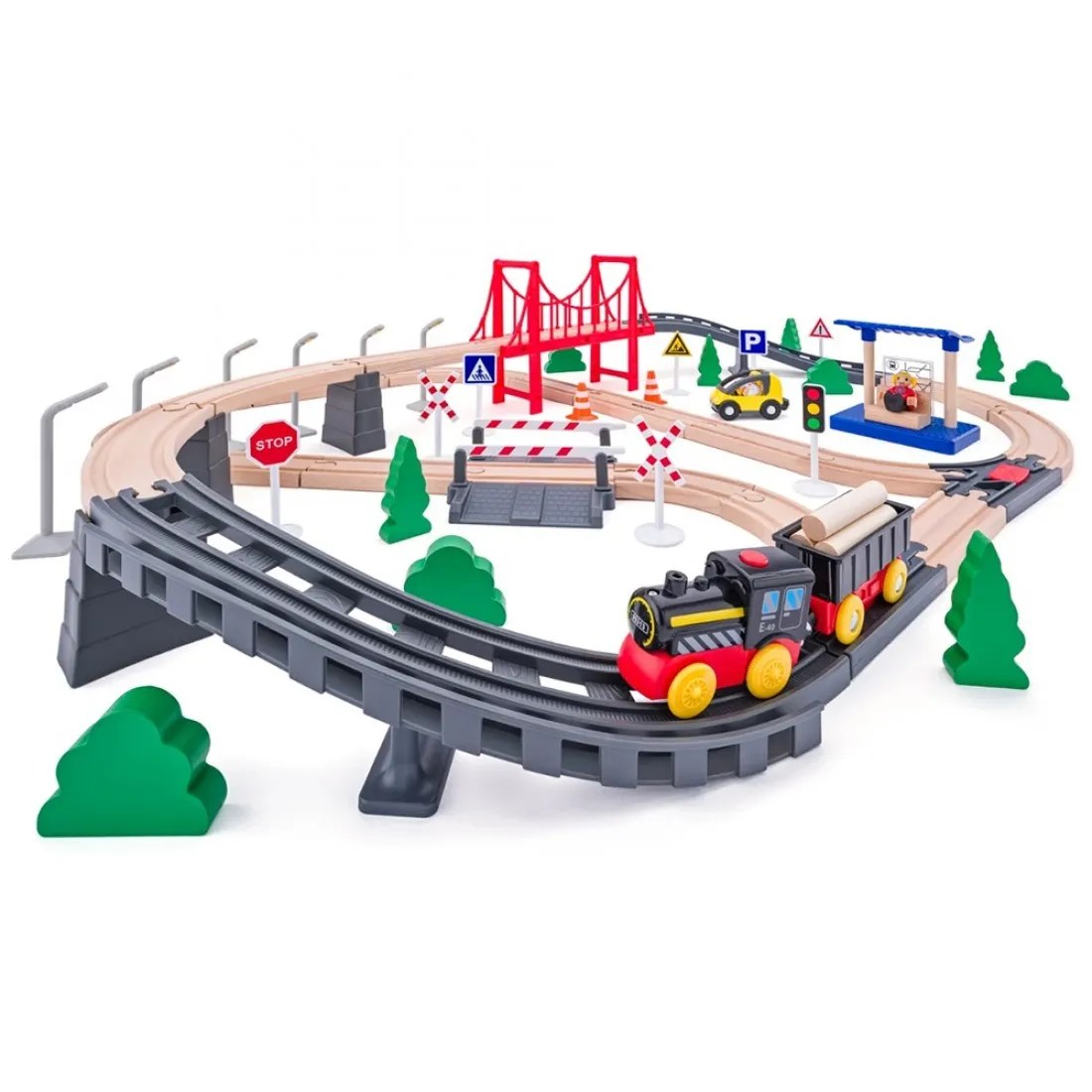 Tren din lemn cu șine Woody - cu pod, baterii, 80 piese