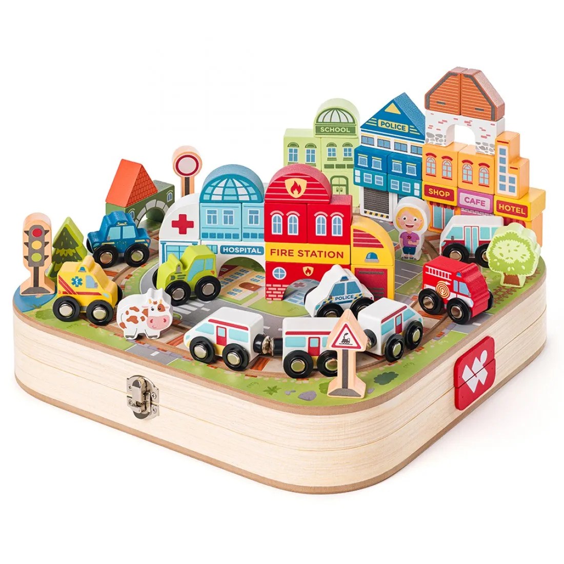 Set construcție din lemn Woody - Oraș cu mașini, în valiză, 57 piese