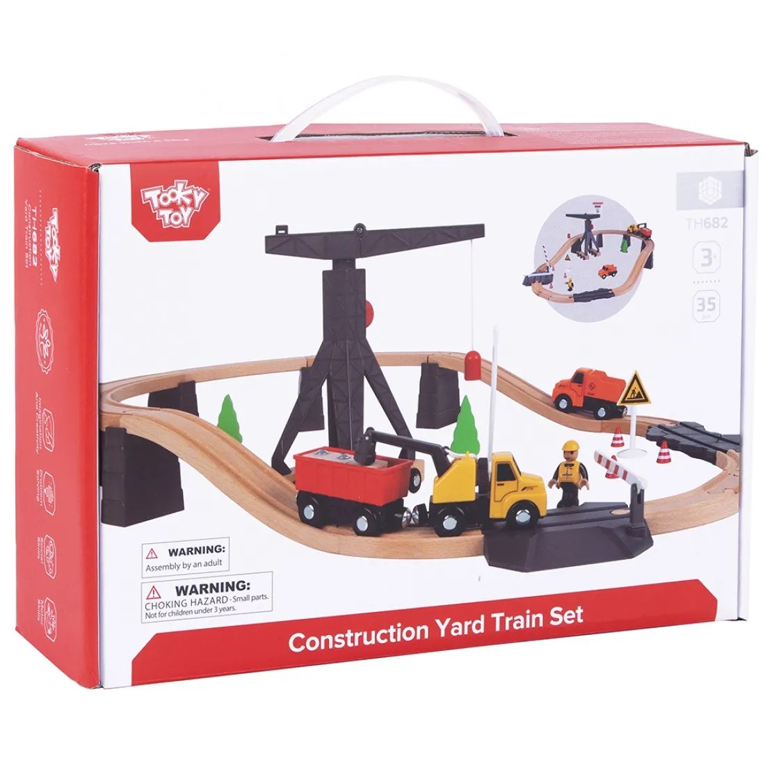 Șantier de construcții din lemn Tooky Toys - Cu macara și șine, 35 piese
