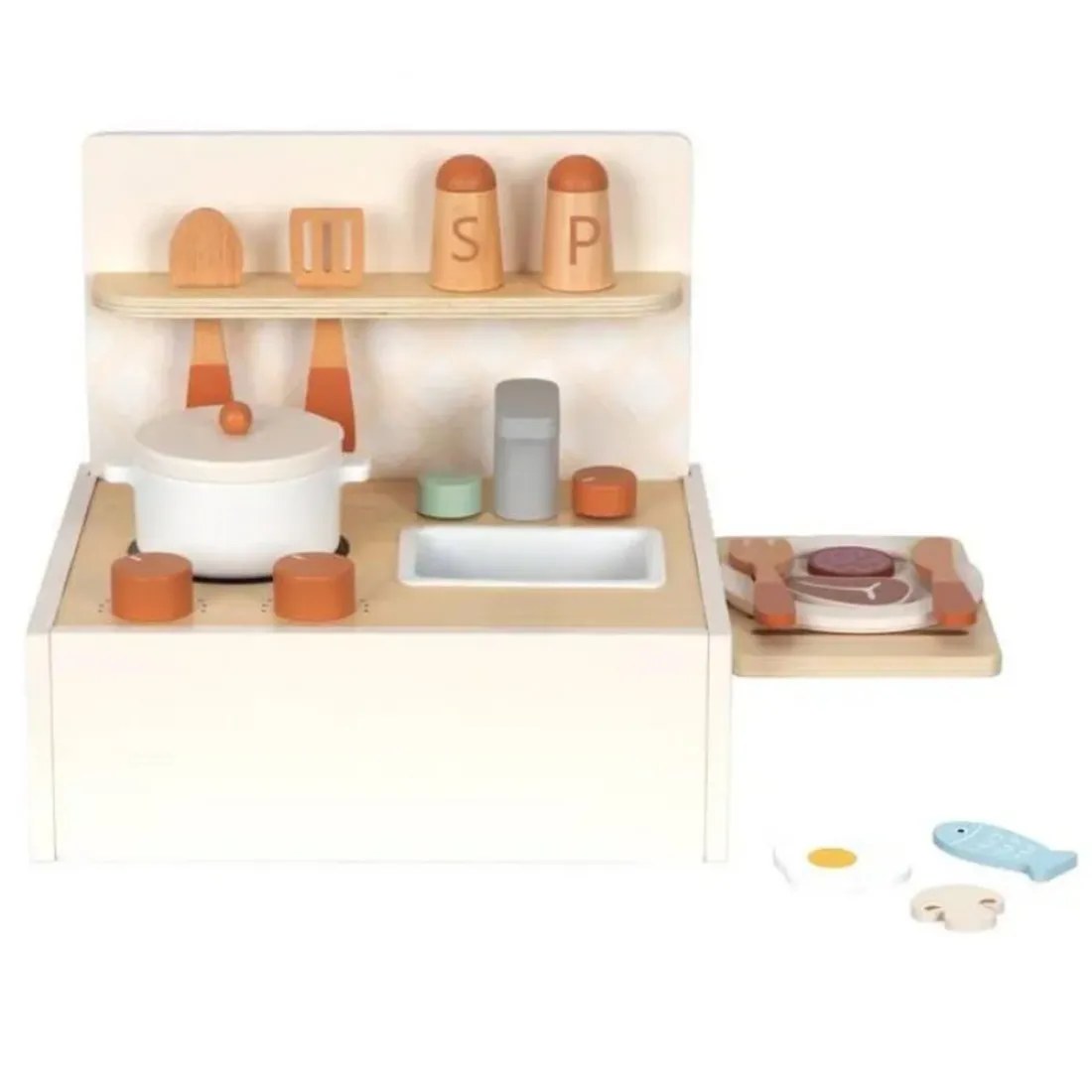 Bucătărie de masă din lemn Tooky Toys TJ754 - cu accesorii, 19 piese