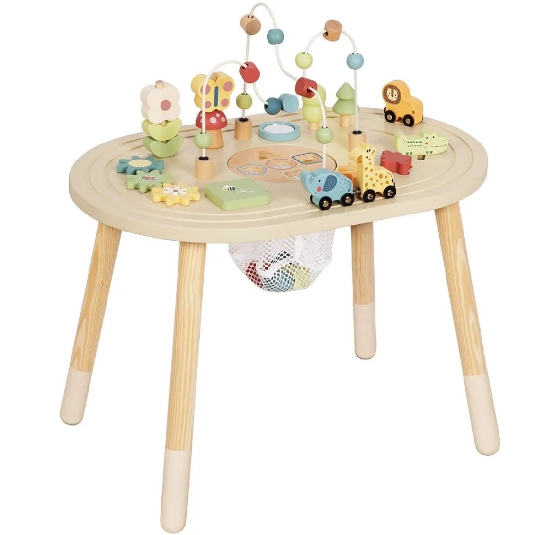 Masă de activități din lemn Tooky Toys - Safari, cu șine și animale