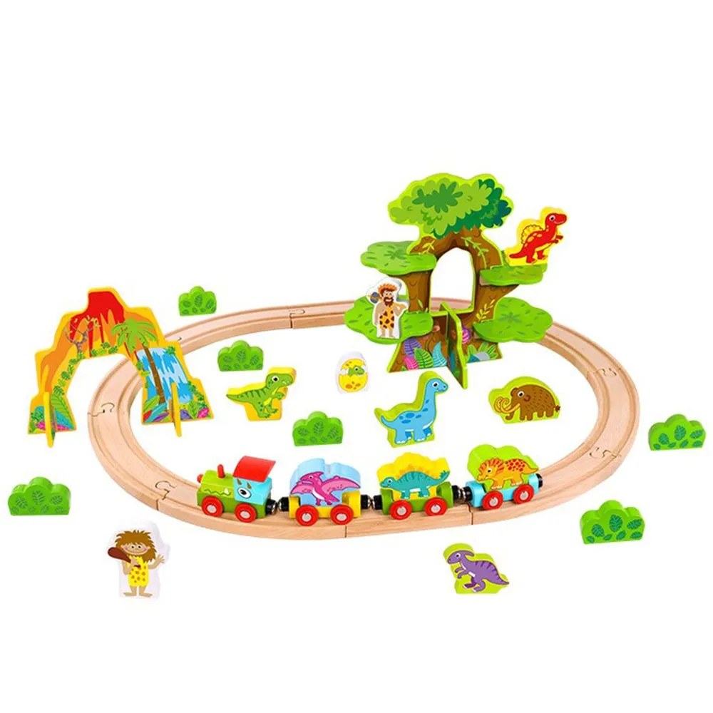 Trenuleț din lemn cu șine Tooky Toys - Jurassic Park, 40 piese