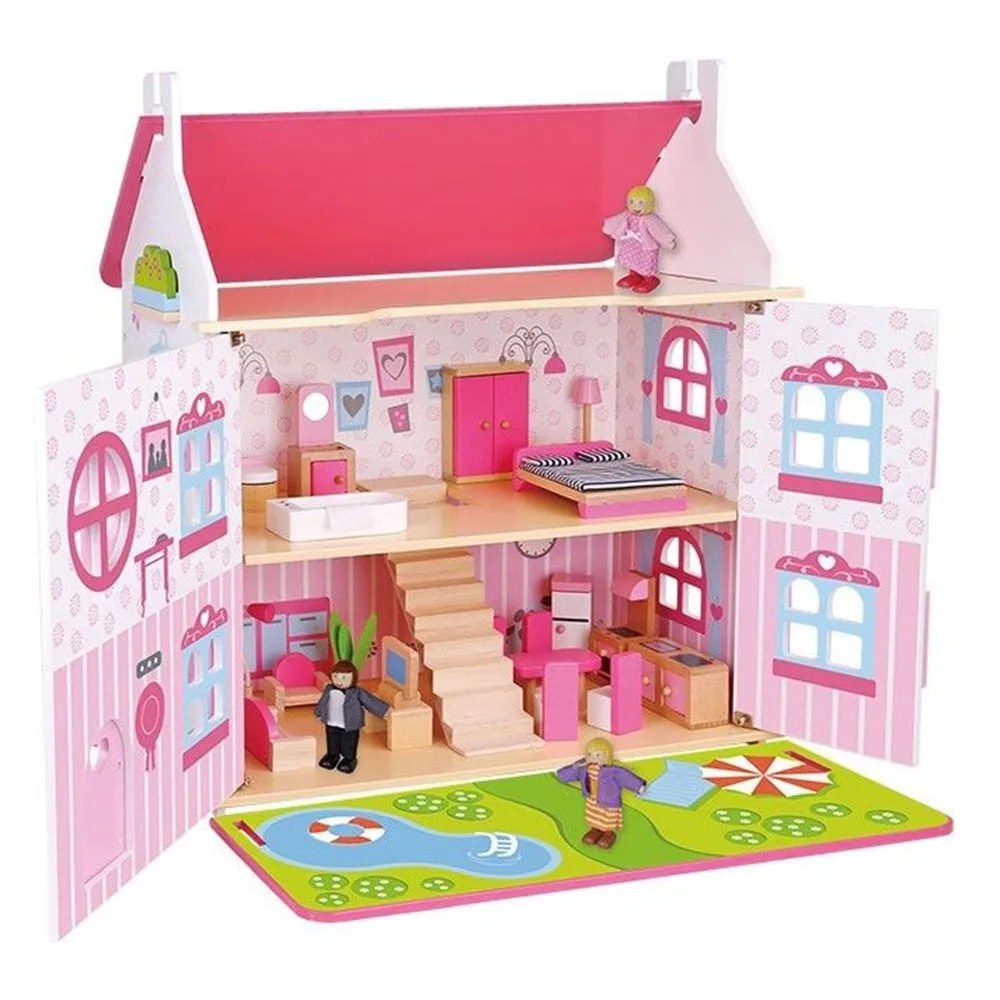 Casă de păpuși din lemn Tooky Toys - Lumea Poveștilor, cu etaj, cu mobilier