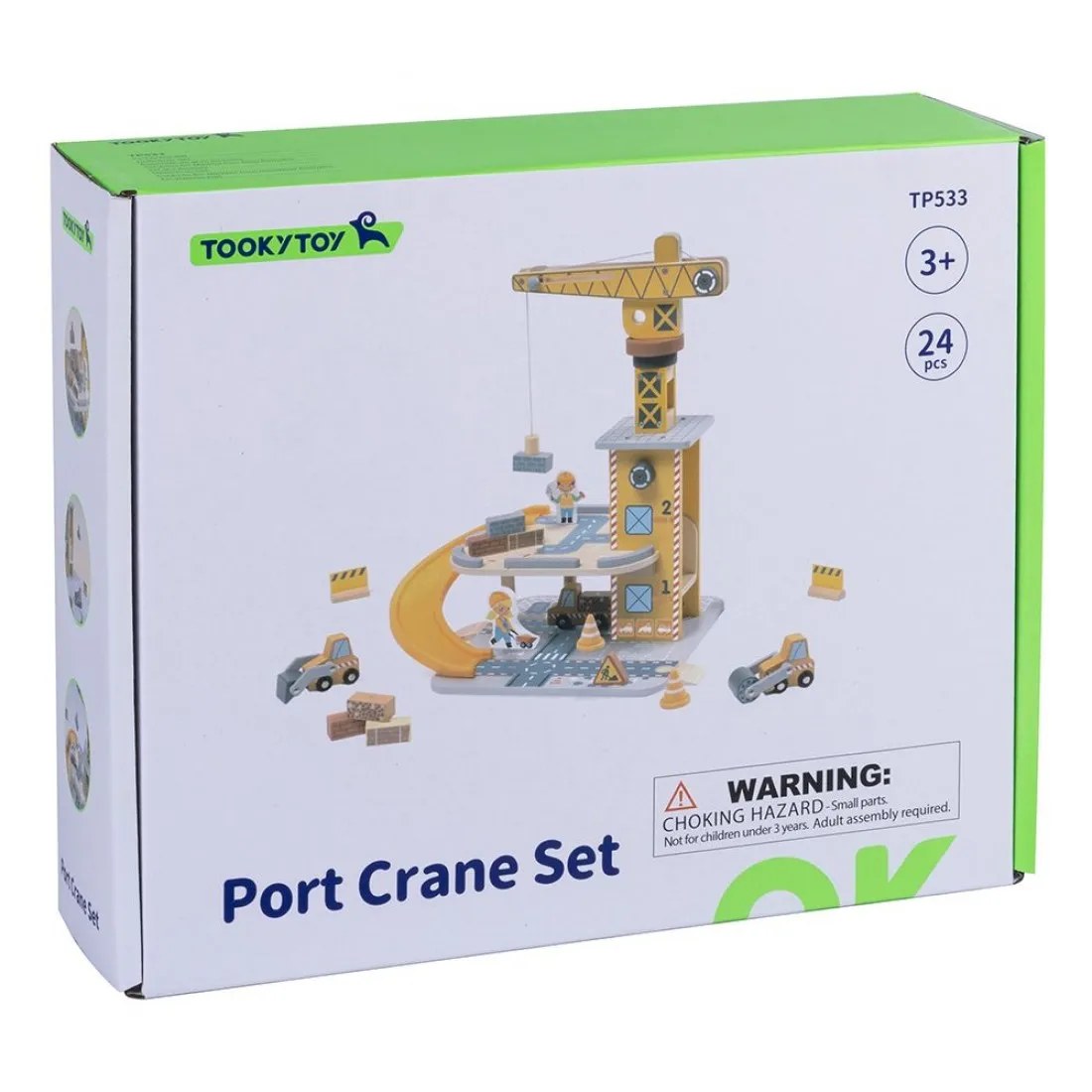 Macara din lemn Tooky Toys - Șantier de construcții, cu mașini și figurine