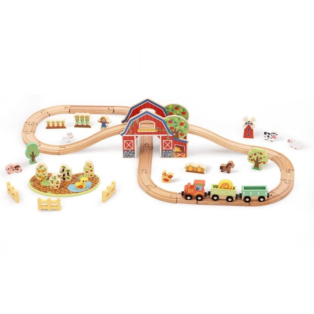 Trenuleț din lemn cu șine Tooky Toys - Fermă