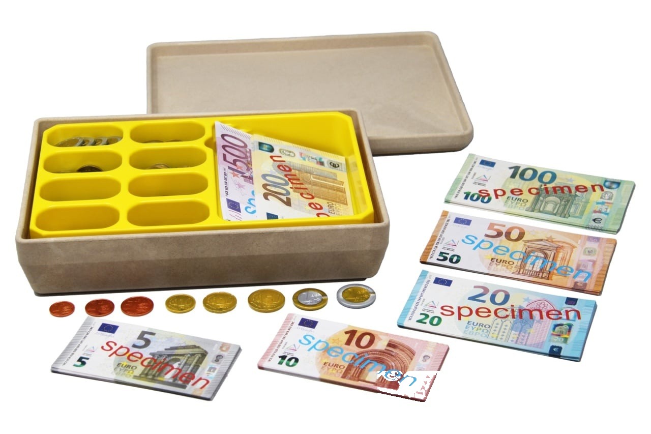 Casă de marcat pentru bani Euro didactici, 130 bancnote + 160 monede, în cutie din RE-Wood cu inserție